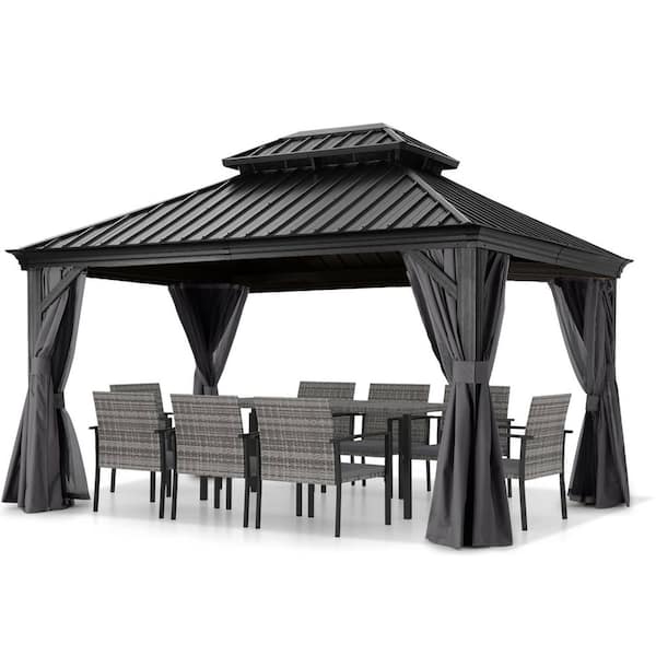 12 ft. x 16 ft. Gray Hardtop Patio Gazebo Galvanized Steel Double Roof Aluminum Pavilion with Netting and Curtain