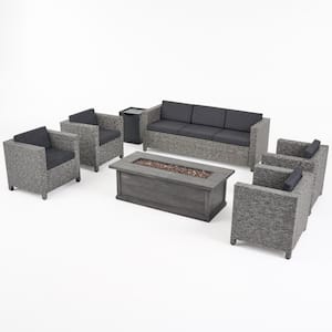 Gastman Mixed Black 7-Piece Faux Rattan Patio Fire Pit Seating Set with Dark Grey Cushions