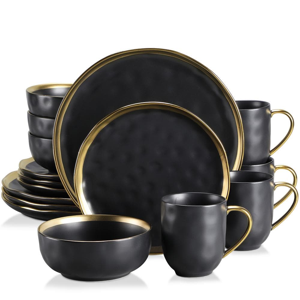 LOVECASA Sweet 16Piece Black Golden Edge Stoneware Dinnerware Set