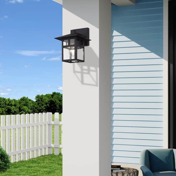 Crestlake 9.5 in. 1-Light Textured Black Outdoor Hardwired Wall Lantern Sconce with No Bulbs Included