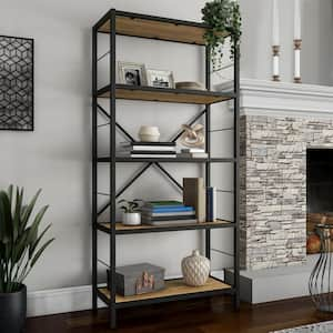 63 in. Oak Woodgrain Look and Black Wooden 5-Shelf Open Bookcase Industrial Style Etagere Shelving