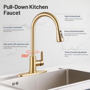 Gooseneck Single-Handle Pull Down Sprayer Kitchen Faucet with Deckplate and Sweep Spray Pull Out Sink Faucet in Gold