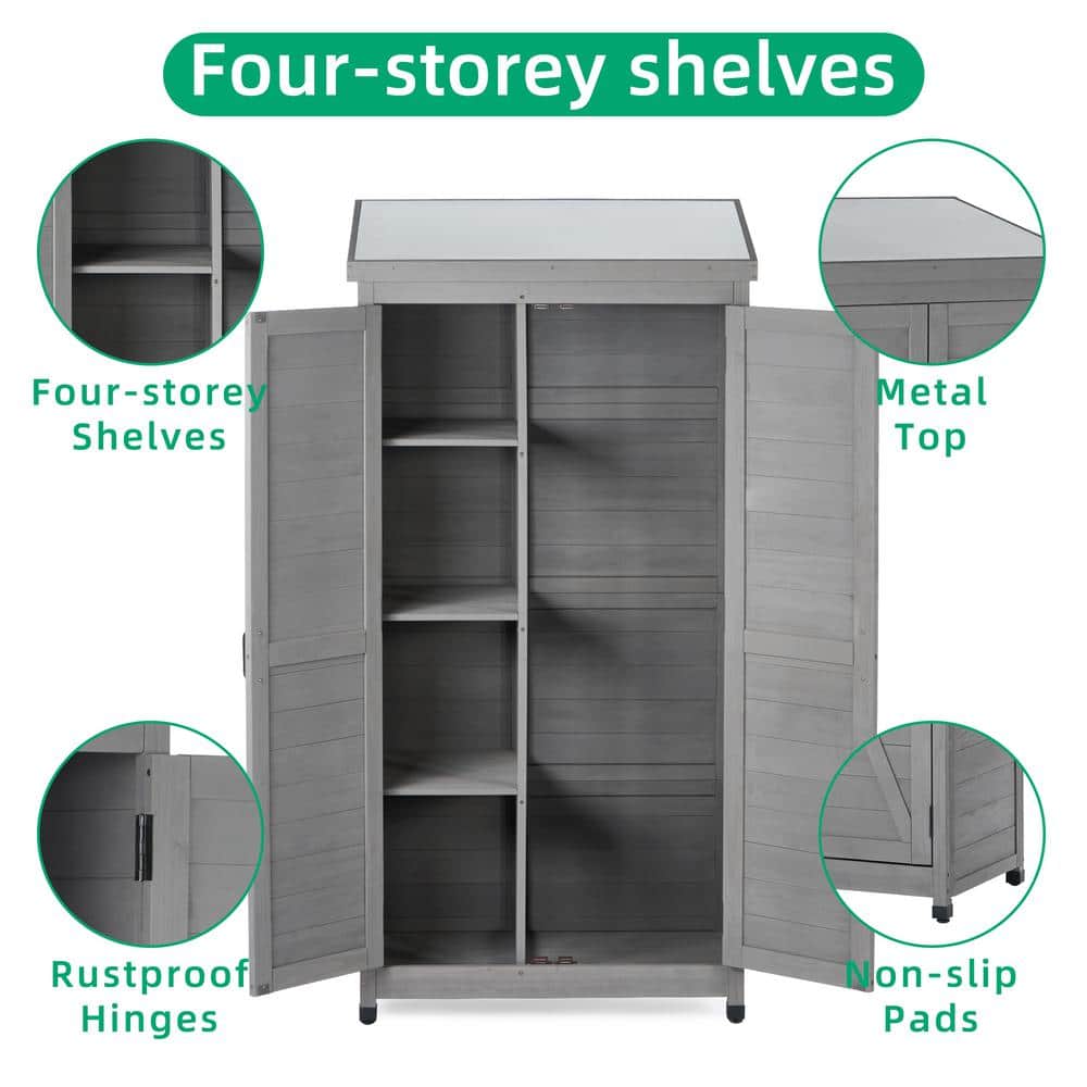 Gray Wood Outdoor Storage Cabinet with Metal Top, 68.5"