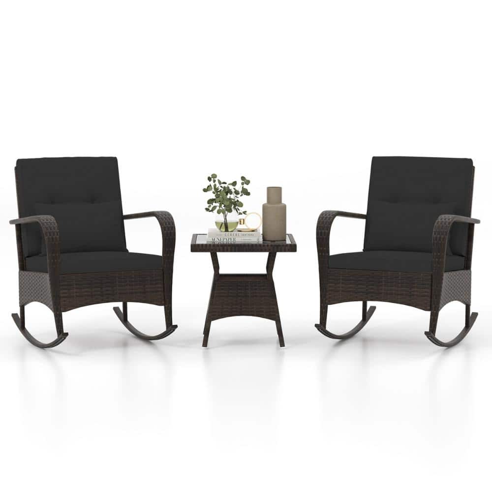3-Piece PE Wicker Outdoor Patio Rocking Chair Set with Cushions and Tempered Glass Coffee Table in Black price history on PriceWatchPro