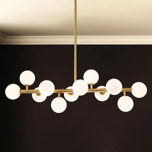 12-Light Bronze Linear Chandelier with Opal Glass Globes for Kitchen Island Dining Room with Bulbs Included