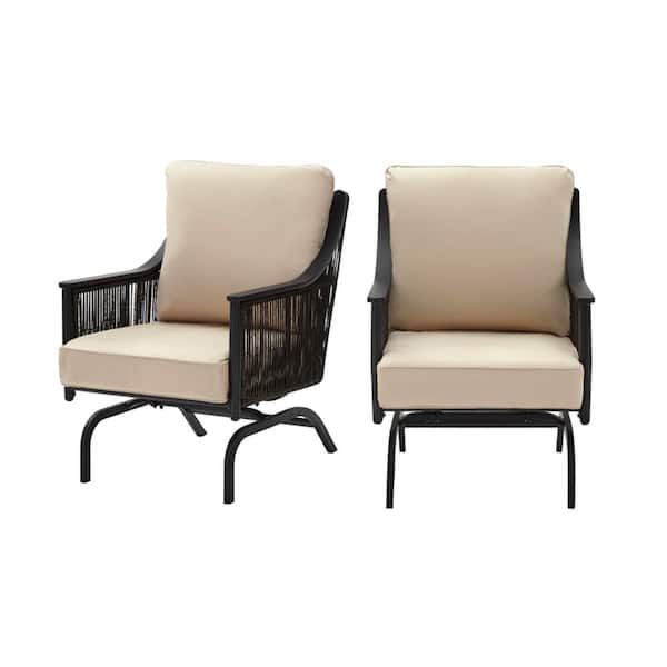 Hampton Bay Bayhurst Black Wicker Outdoor Patio Rocking Lounge Chair with Sunbrella Beige Tan Cushions (2-Pack)