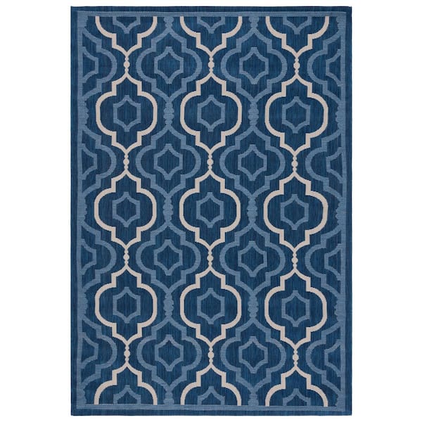 Courtyard Navy/Beige 9 ft. x 12 ft. Floral Trellis Indoor/Outdoor Area Rug