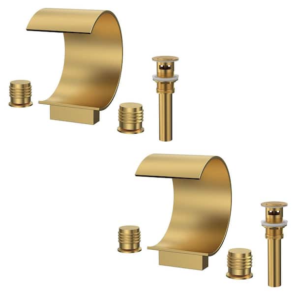 Waterfall 8 in. Widespread 2-Handle Bathroom Sink Faucet 1.2 GPM in Brushed Gold with Drain Included (2-Pack)