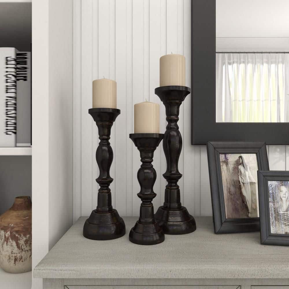 Elegant Espresso Wood Candle Holder Trio, 18" 15" 12"H