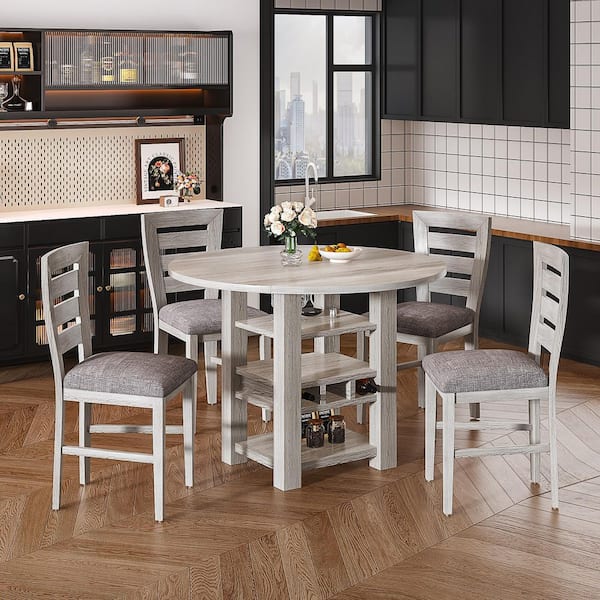 5-Piece Drop Leaf Counter Height Dining Table Set w/Wine Rack and Storage, Gray Wood Top Table and 4 Upholstered Chairs