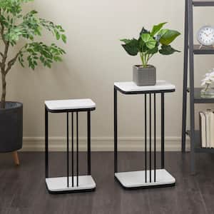 Large Black Metal Geometric Linear Rod Plantstand with Curved Marble Tabletops (Set of 2)