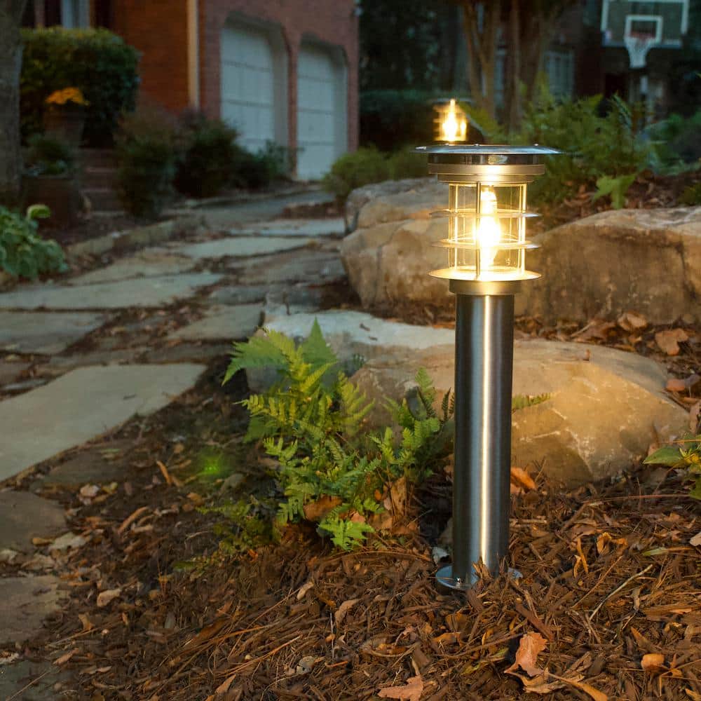 Stainless Steel Silver LED Solar Pathway Bollard Lights, Set of 2