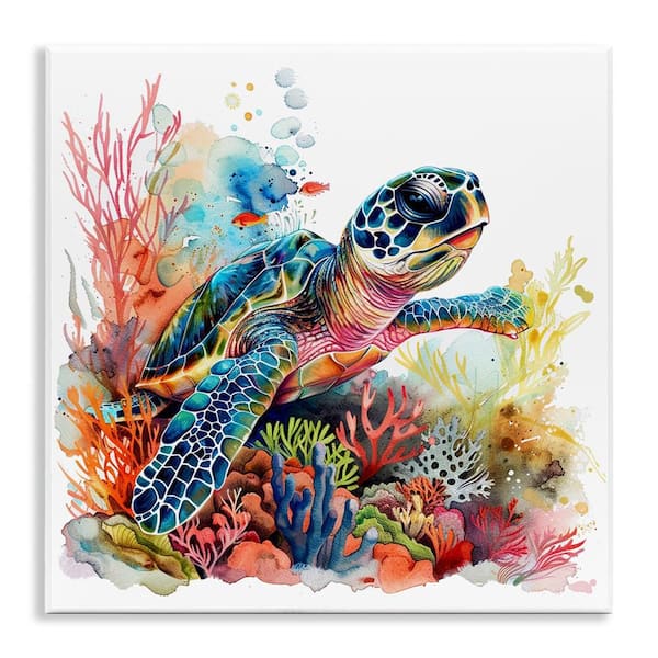 Swimming Turtle Undersea by LSR Design Studio Unframed Animal Graphic Art Print 12 in. x 12 in.