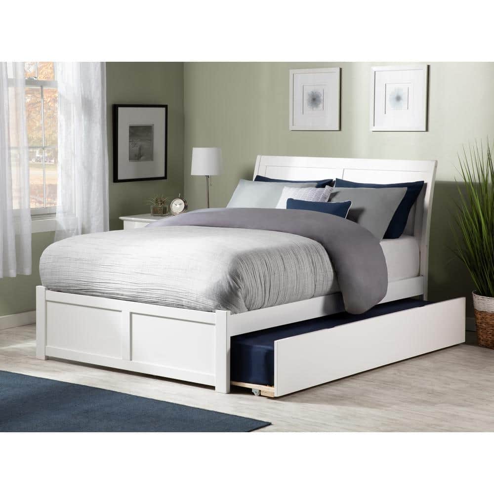 White Queen Wood Platform Bed with Trundle and Slats