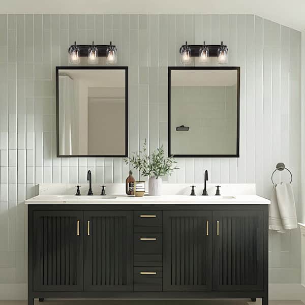 Modern Farmhouse 19 in. 3-Light Black Bronze Bathroom Vanity Light with Clear Mason Jar Glass Shade, Cottage Wall Sconce