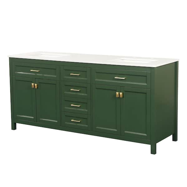 FAMYYT 72.6 in. W x 22.4 in. D x 40.7 in. H Double Sink Fully Assembled Freestanding Bath Vanity in Green with White Marble Top