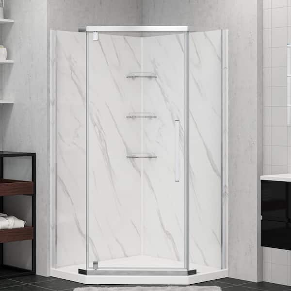 Dreamwerks 38 in. L x 38 in. W x 79 in. H Neo Angle Corner Shower Stall/Kit in Chrome with Door, Base and Walls