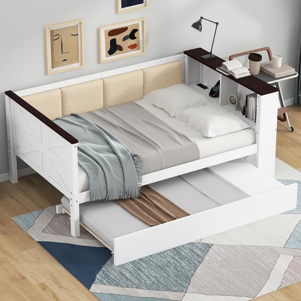 White Twin Daybed with Storage Shelves, Upholstered Backrest, USB and Trundle