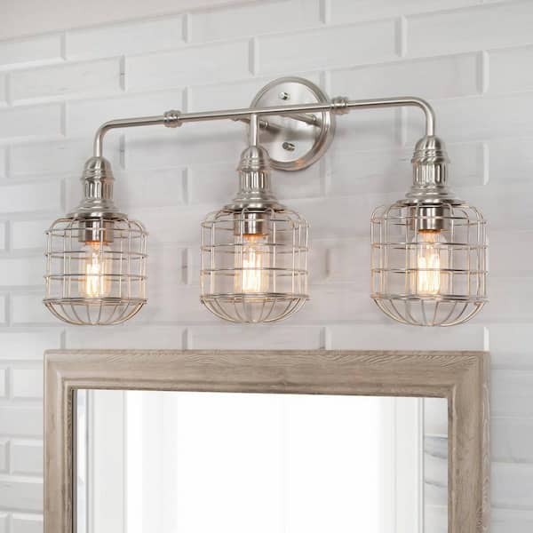 LNC 24 in. Coastal Cottage 3-Light Nickel Cage Vanity Light Nautical Modern Industrial Bathroom Powder Room Wall Sconce