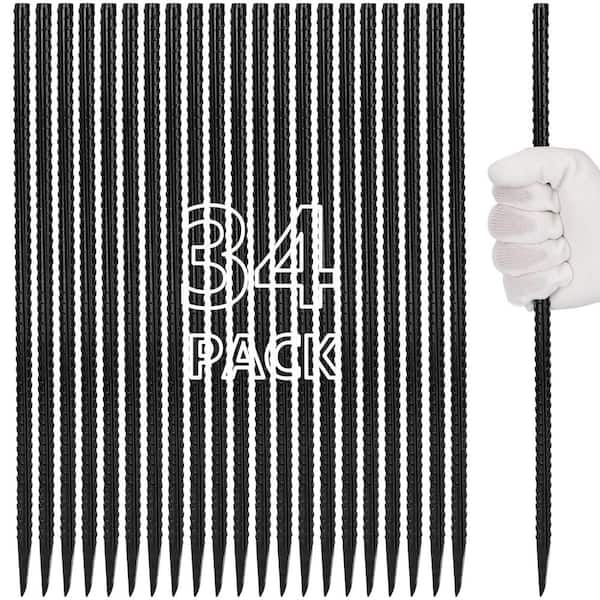 16 in. Rebar Stakes Heavy Duty Metal Spikes for Concrete Timber, Straight Steel Stakes for Tent, Black, 34 Pcs