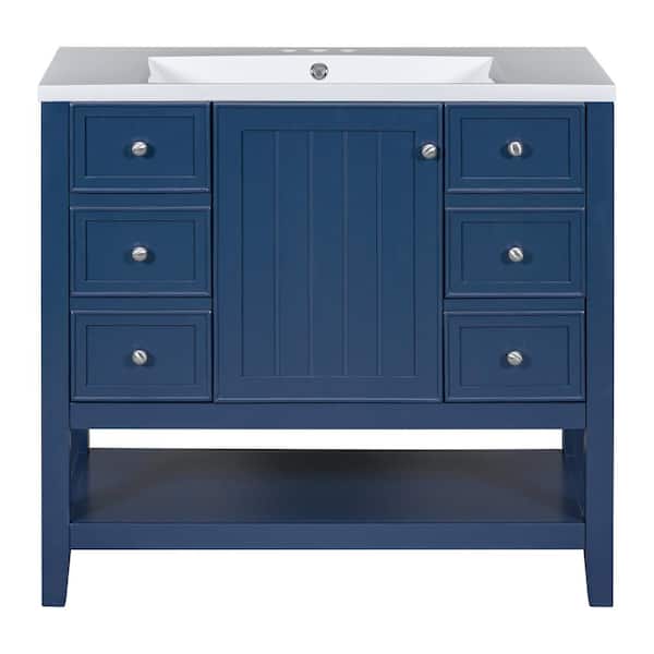Virubi 36 in. W x 18 in. D x 34.1 in. H Single Sink Bath Vanity in Blue with White Ceramic Top, 3-Drawers and Adjustable Shelf