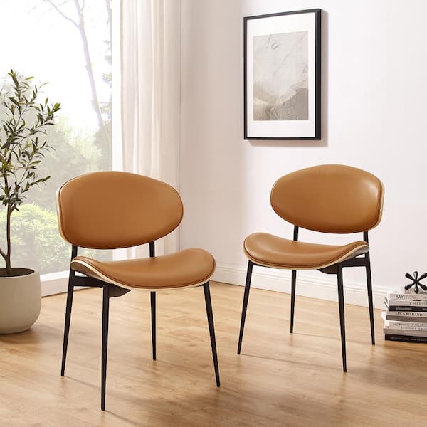 Art Leon Accent Dining Chair with Cane Backrest (Set of 2) - Yellow Brown Faux Leather Chairs