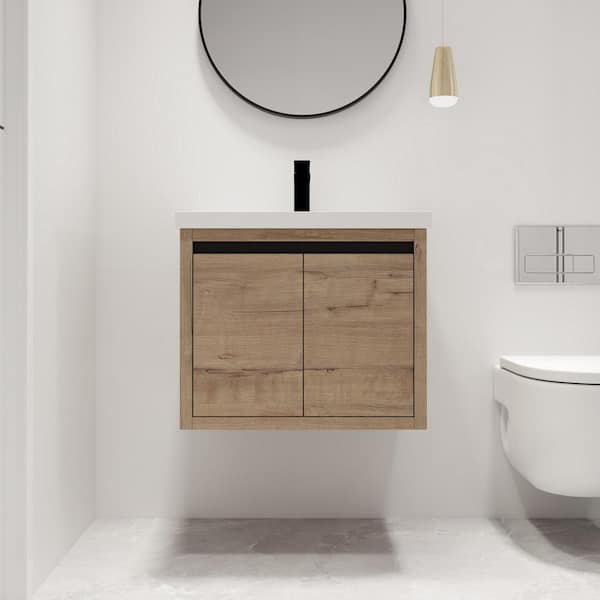 ARTCHIRLY 23.6 in. W x 18.1 in. D x 20.5 in. H Wall-Mounted Bath Vanity in Light Brown with White Resin Vanity Top