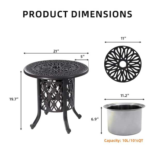 21 in Cast Aluminum Ice Bucket Table with Removable Stainless Steel Insert for Patio Balcony and Poolside Outdoor Use