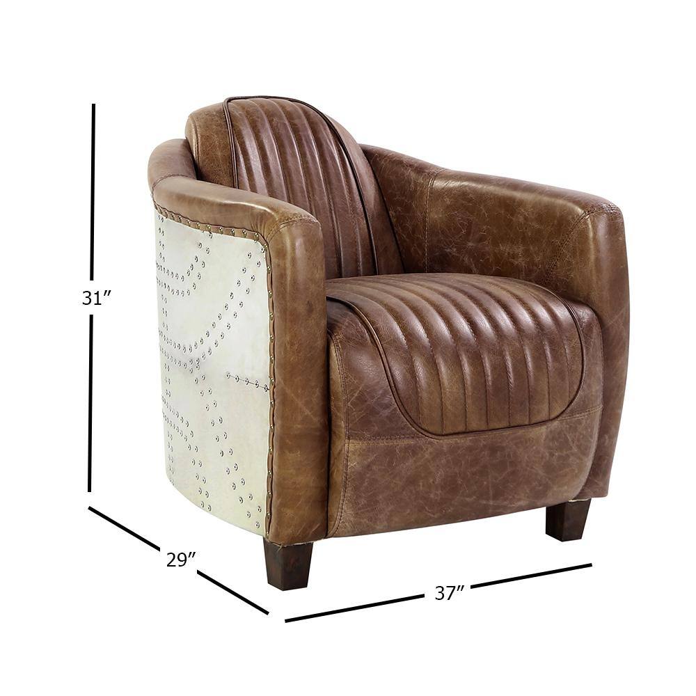 Retro Brown Top Grain Leather and Aluminum Accent Chair
