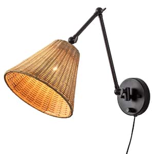 Black Woven Rattan Plug-in Swing Arm Wall Lamp with On/Off Switch