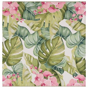 Barbados Green/Pink 7 ft. x 7 ft. Square Tropical Floral Indoor/Outdoor Area Rug