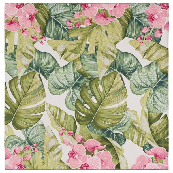 Barbados Green/Pink 7 ft. x 7 ft. Square Tropical Floral Indoor/Outdoor Area Rug
