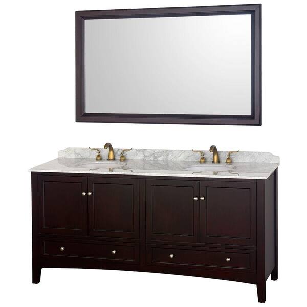 Wyndham Collection Audrey 72 in. Vanity in Espresso with Double Basin Marble Vanity Top in Carrera White and Mirror