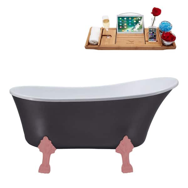 Streamline 55 in. x 26.8 in. Acrylic Clawfoot Soaking Bathtub in Matte Grey with Matte Pink Claw Feet and Matte Pink Drain