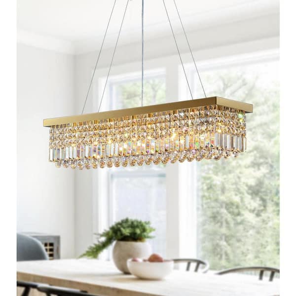 WDETR 39 in. Modern 8-Lights Gold Rectangular Raindrop Crystal Chandelier for Dining Room Kitchen Island