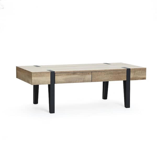 LuxenHome 21.69 in. Black Oak Finish Rectangle MDF Coffee Table with Drawers and Metal Frame