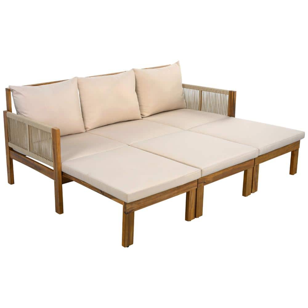 Acacia Wood Outdoor Daybed Patio Sofa Bed With Brown Cushion for Patio, Backyard, Pool