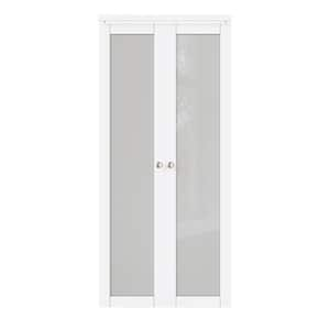 36 in. x 80 in. 1-Lite Frosted Glass Solid Core White Finished MDF Pantry Pivot Bi-fold Door with Pivot Hareware