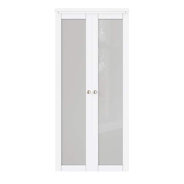 ARK DESIGN 36 in. x 80 in. 1-Lite Frosted Glass Solid Core White Finished MDF Pantry Pivot Bi-fold Door with Pivot Hareware