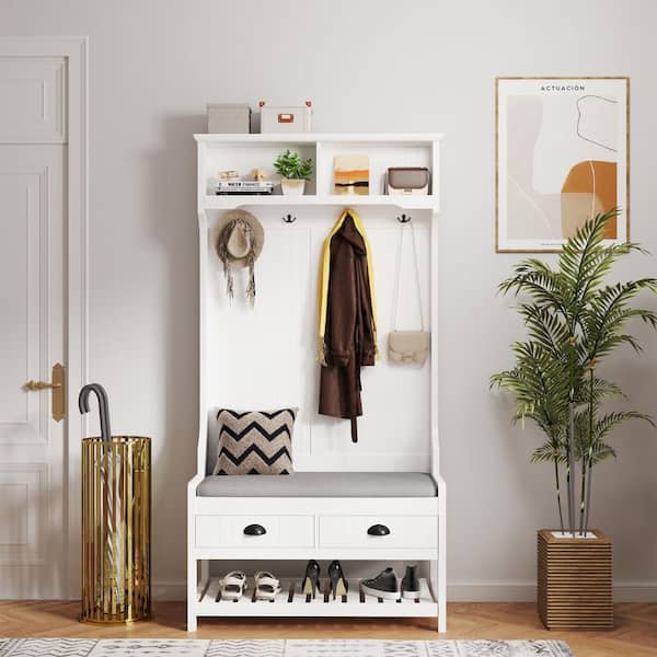 Unbranded 34.5 in. W x 16.5 in. D x 68 in. H White Wood Hall Tree with Coat Rack, Seat Cushion and 4-Hooks for Entryways, Hallway