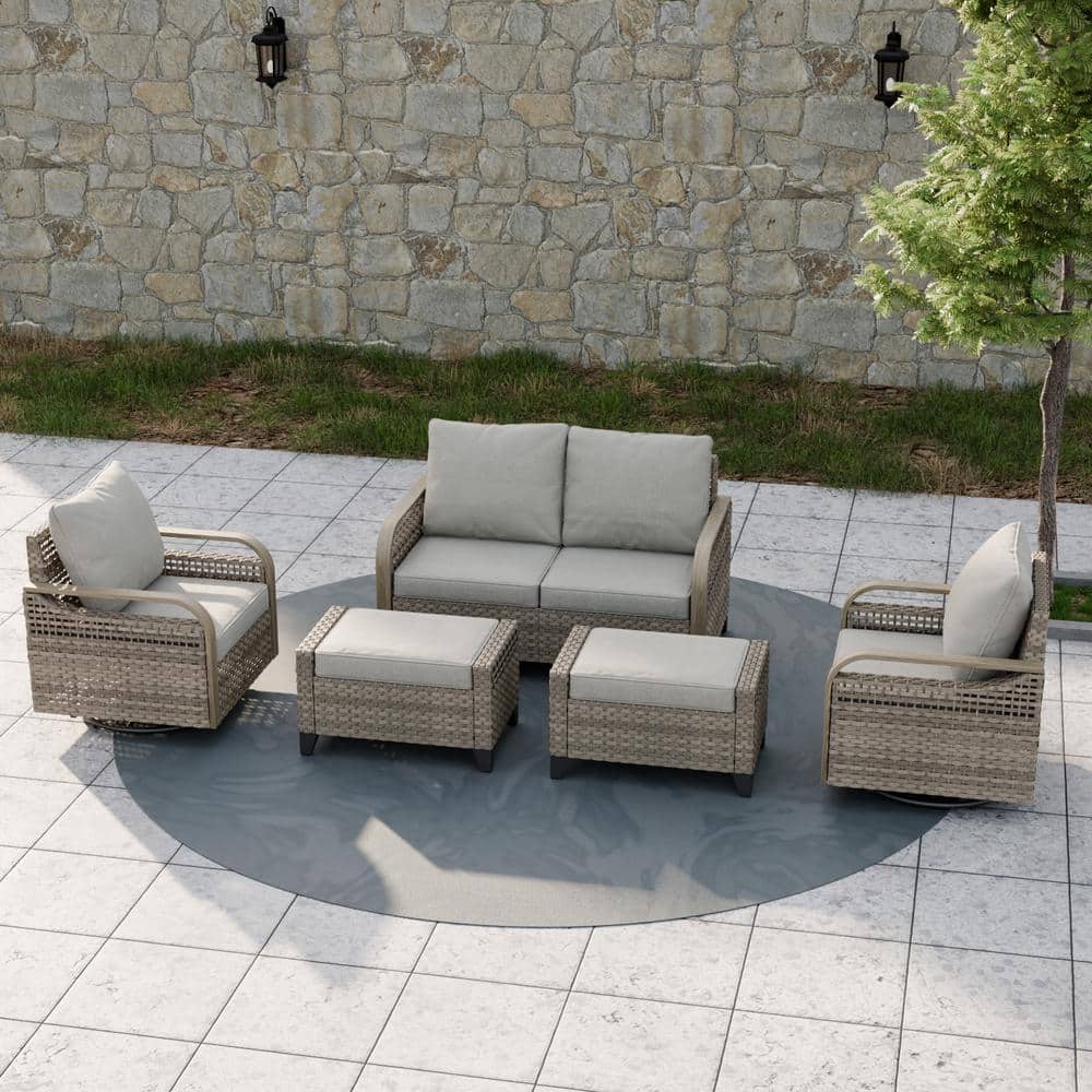 5-Piece Brown Wicker Outdoor Sofa Seating Group with Gray Cushions