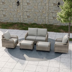 5-Piece Wicker Outdoor Patio Conversation Set Loveseat Sofa with Gray Cushions and Ottomans