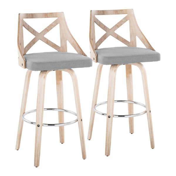 Lumisource Charlotte 29.5 in. Grey Fabric, White Washed Wood and Chrome Metal Fixed-Height Bar Stool with Round Footrest (Set of 2)
