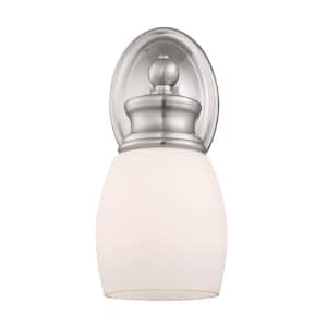 Elise 4.5 in. W x 10.5 in. H 1-Light Satin Nickel Bathroom Vanity Light with Frosted Glass Shade