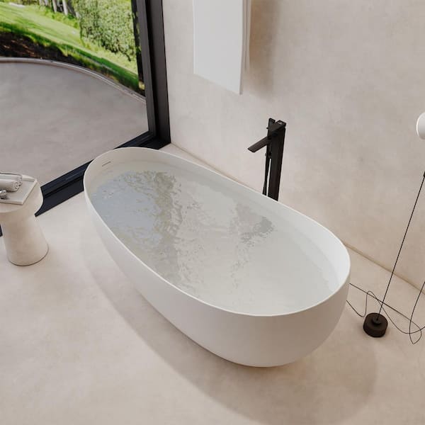 63 in. x 30.7 in. Freestanding Stone Resin Solid Surface Single Slipper Soaking Bathtub in Matte White