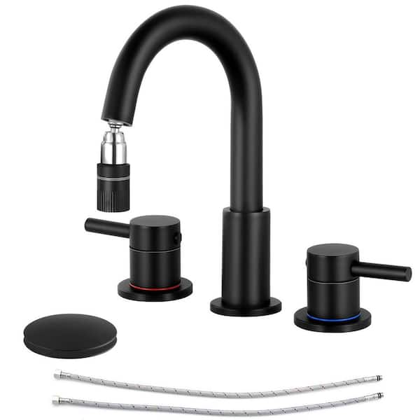 2 handle Pull down Spout 8 in. Widespread Bathroom Faucet 3 Hole Bathroom Sink Faucet in Matte Black