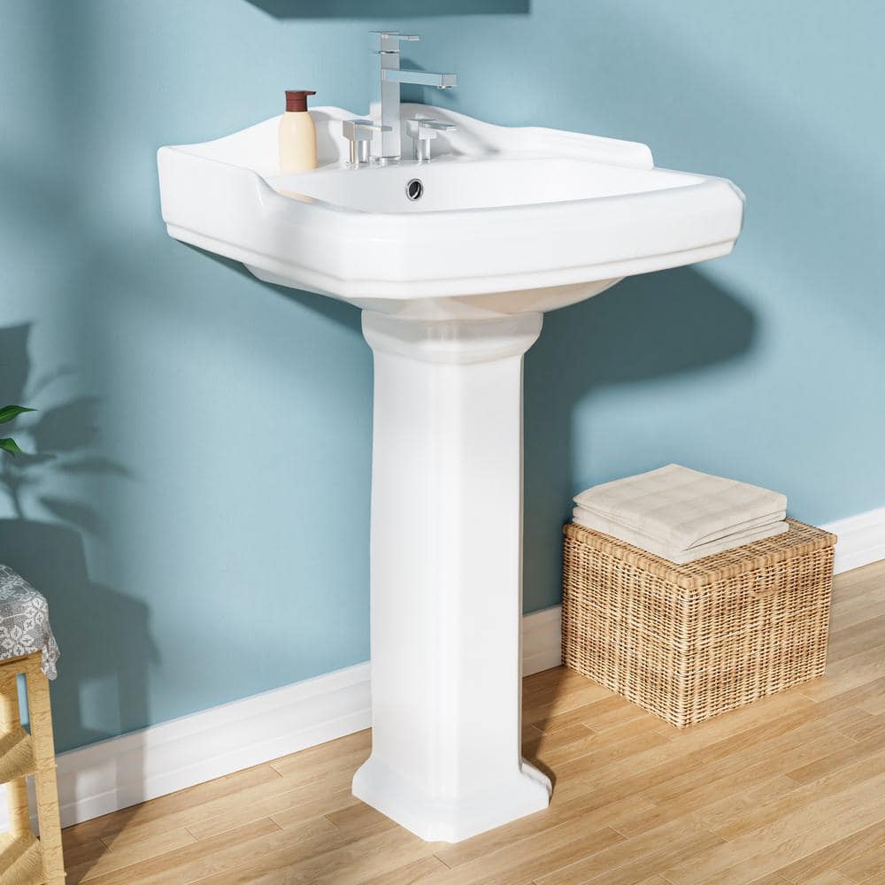 23-Inch White Ceramic Rectangular Pedestal Bathroom Sink