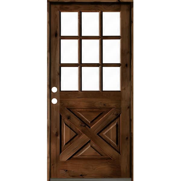 Krosswood Doors 32 in. x 80 in. Knotty Alder Right-Hand/Inswing X-Panel 1/2 Lite Clear Glass Provincial Stain Wood Prehung Front Door