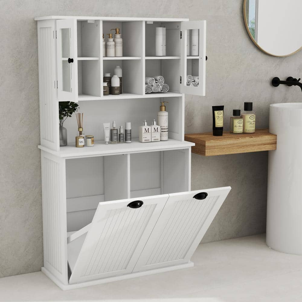 32.7 in. W x 14.6 in. D x 59.7 in. H White Linen Cabinet with Glass Doors and 2 Tilt-Out Dirty Laundry Basket -  Zeus & Ruta, ANEWAYWH327