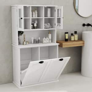 32.7 in. W x 14.6 in. D x 59.7 in. H White Linen Cabinet with Glass Doors and 2 Tilt-Out Dirty Laundry Basket